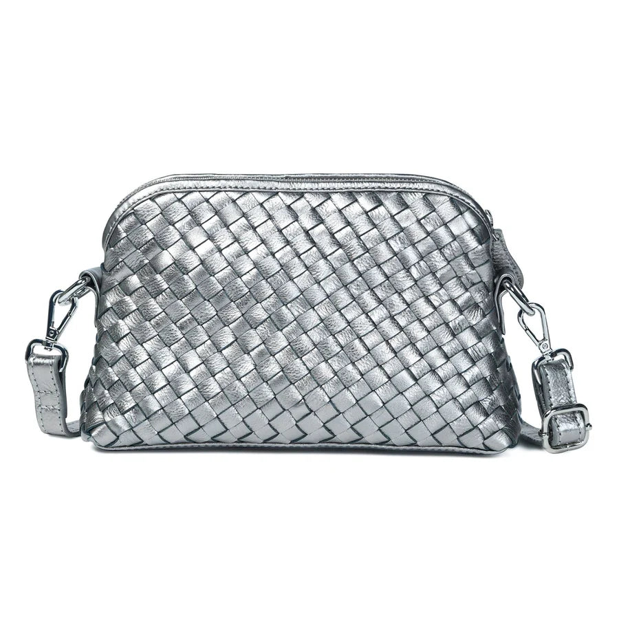 Bell & Fox Ira Woven Crossbody Bag in Gunmetal Metallic Leather