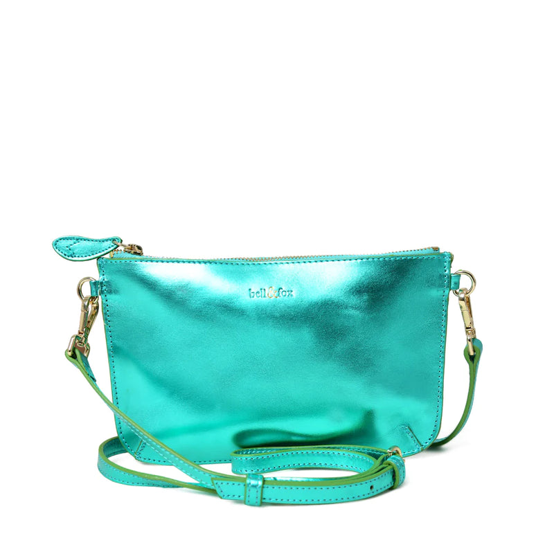Bell Fox Izzy Crossbody Clutch Bag Emerald Metallic Leather