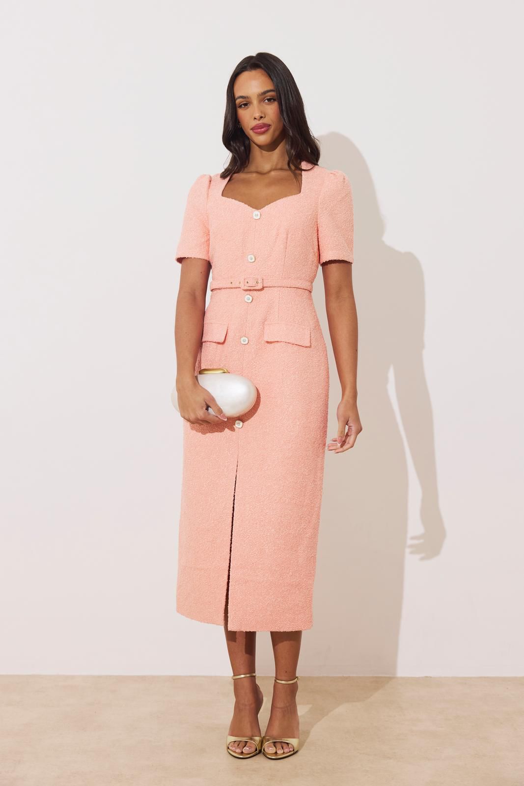 The 8th Sign Harriet Tweed Belted Midi Dress in Peach