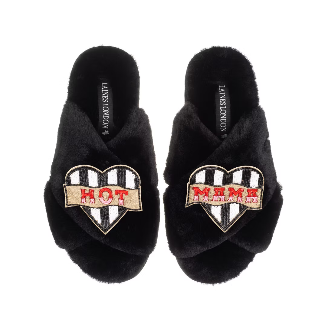 Laines London Slippers With Hot Mama Brooches in Black