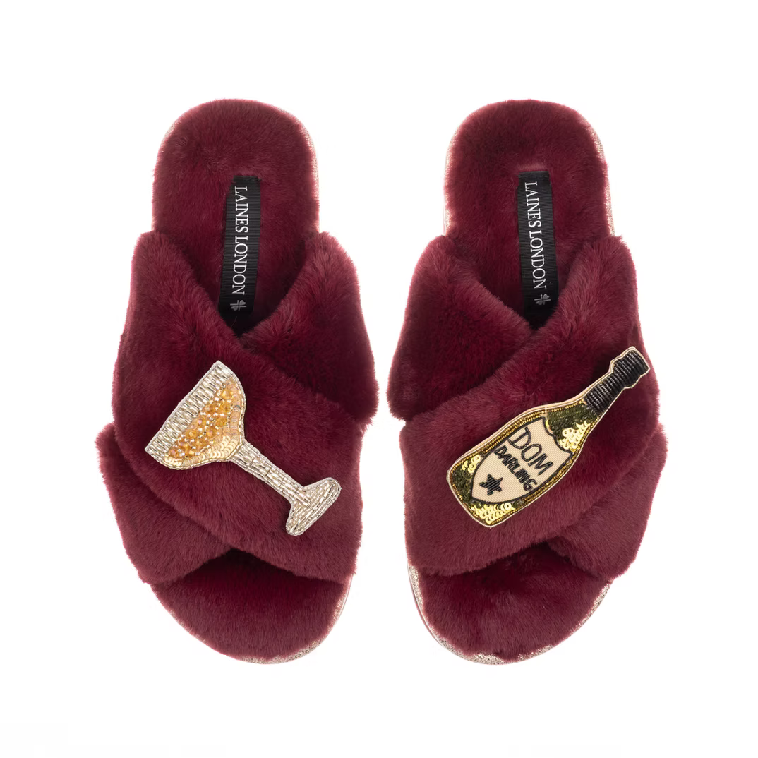 Laines London Slippers with Dom darling champagne Brooches