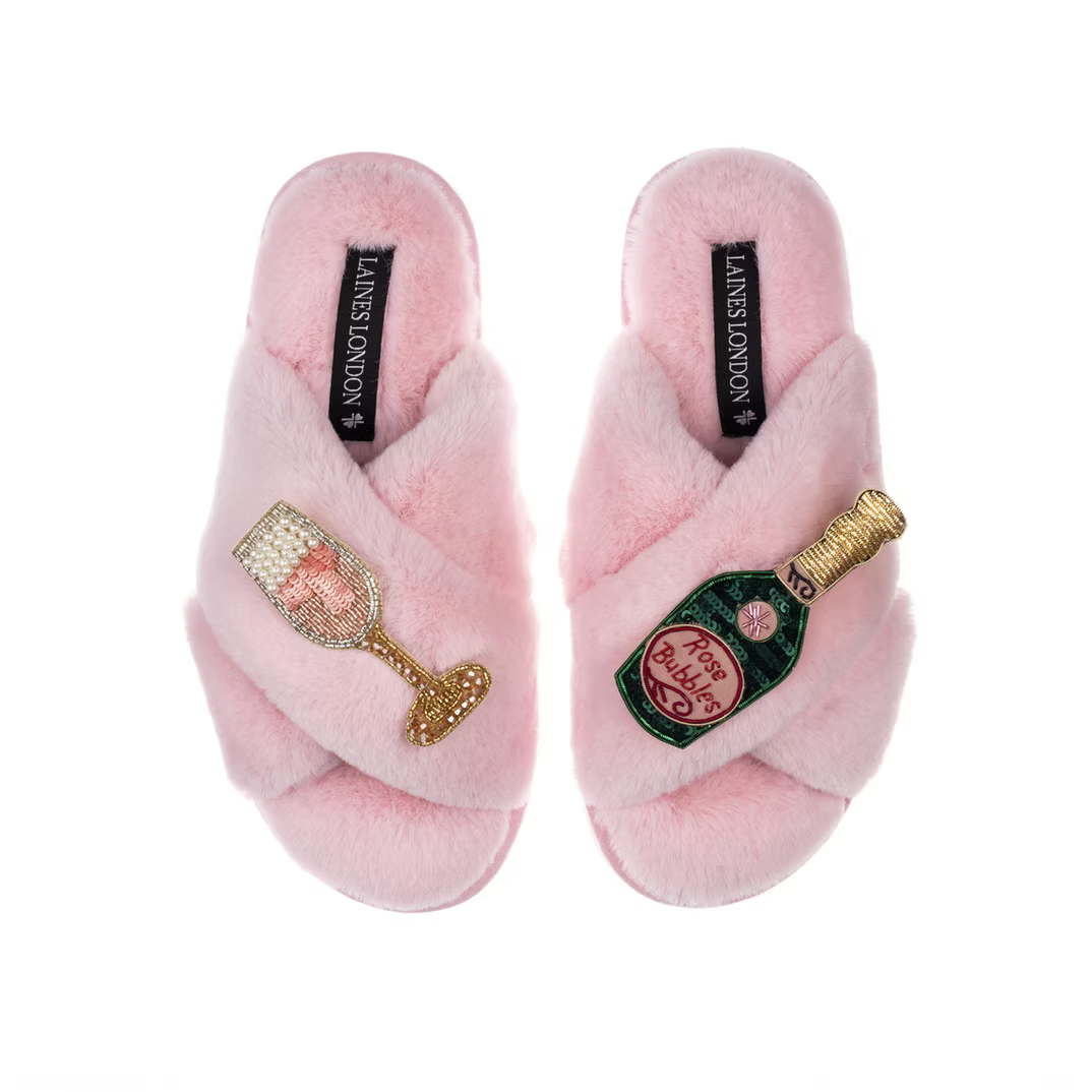 Laines London Slippers With Pink Champagne & Glass Brooches