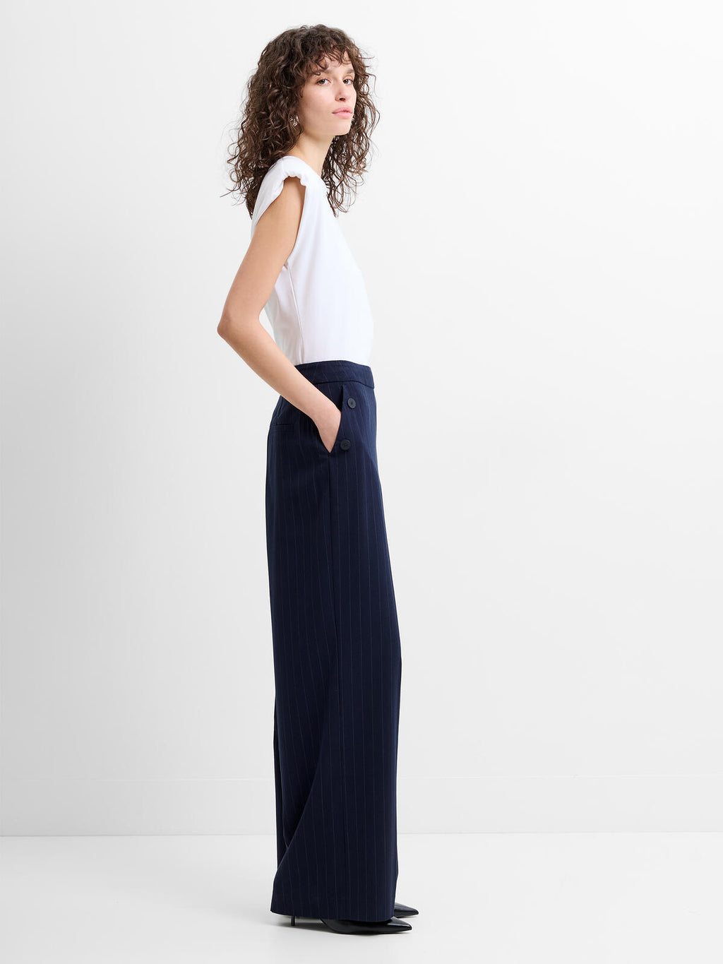 French Connection Alia Pinstripe Trousers in Navy & Linen White - 749A3