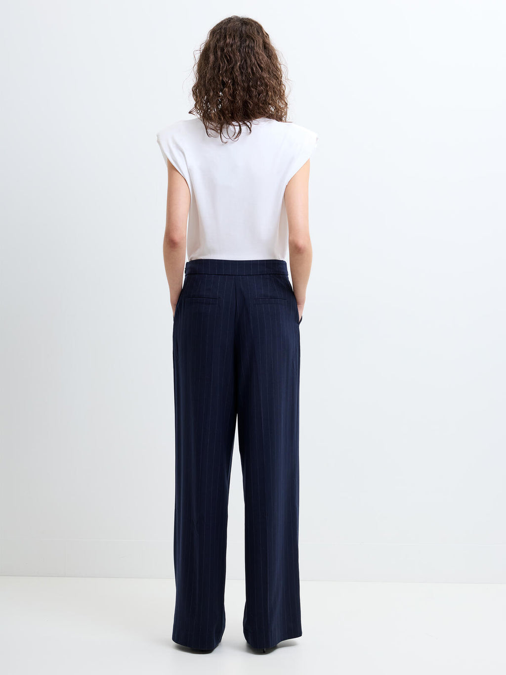 French Connection Alia Pinstripe Trousers in Navy & Linen White - 749A3