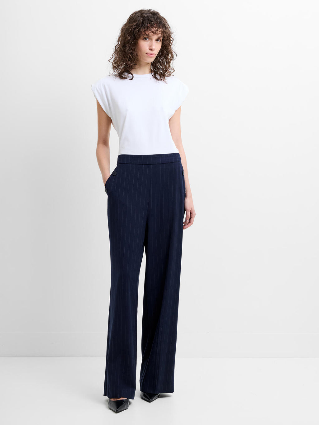 French Connection Alia Pinstripe Trousers in Navy & Linen White - 749A3