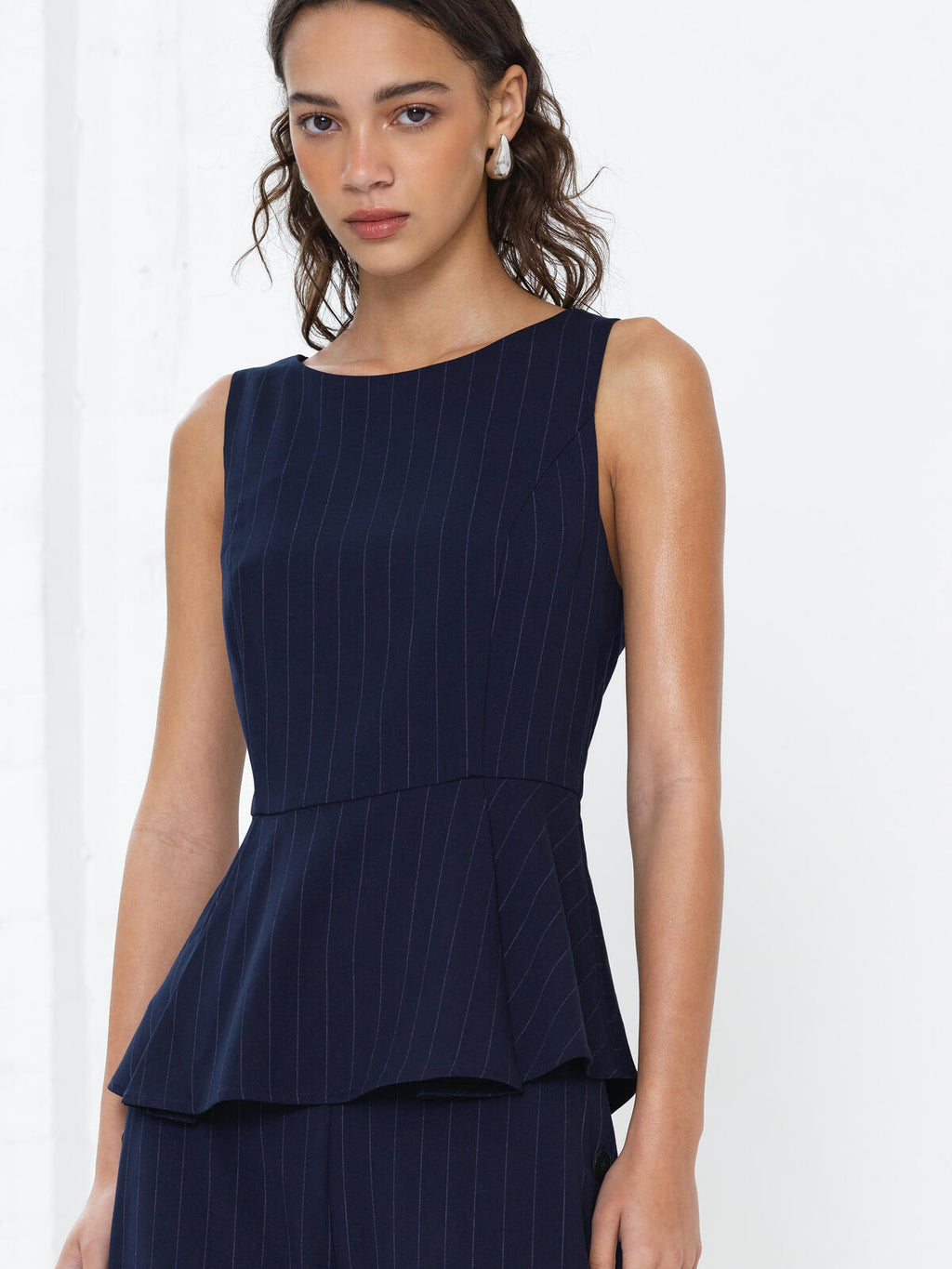 French Connection Alia Pinstripe Peplum Top in Navy Linen White - 729F3