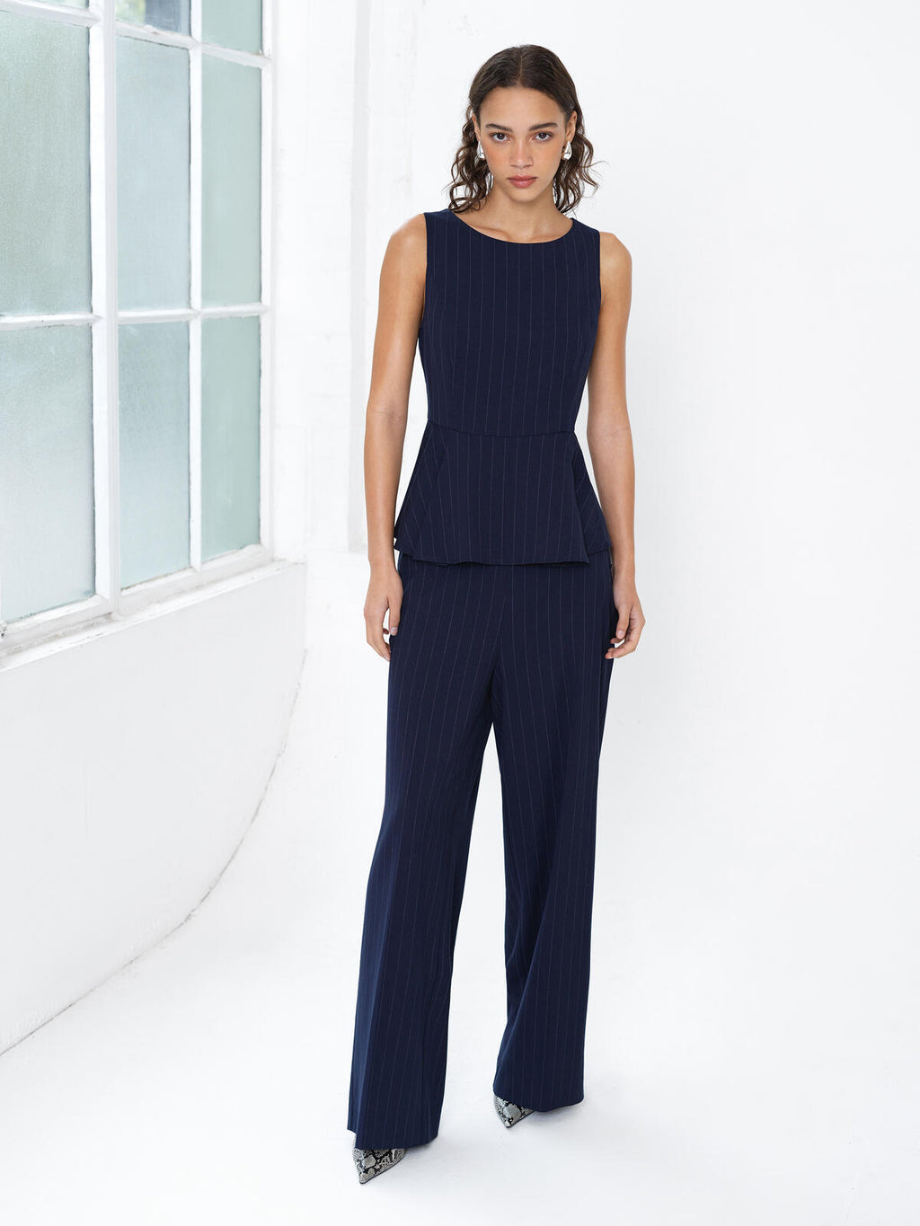 French Connection Alia Pinstripe Peplum Top in Navy Linen White - 729F3