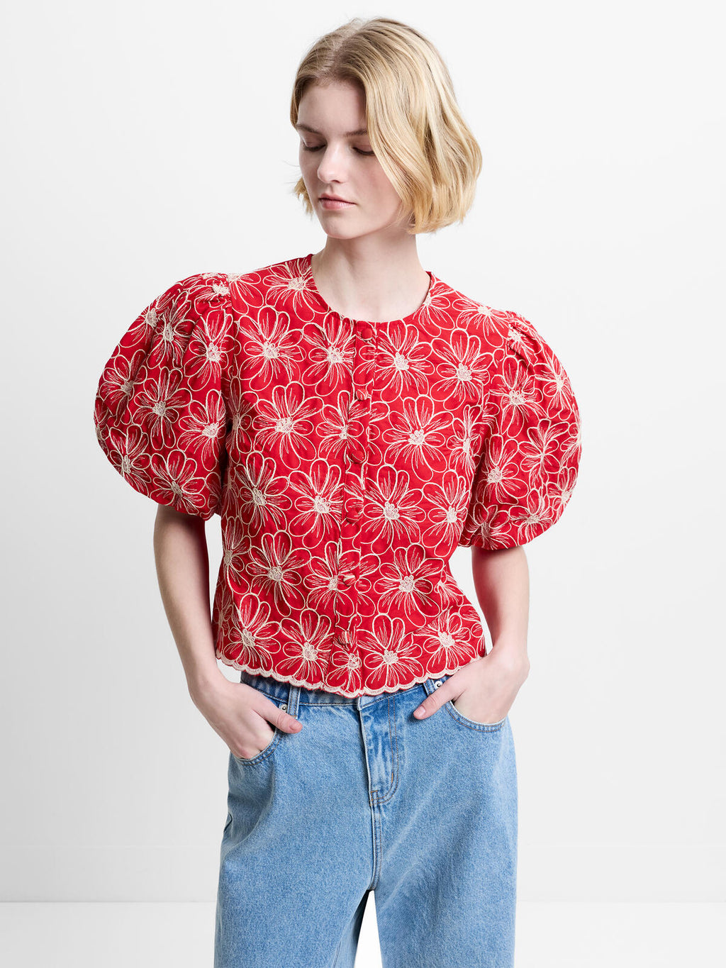 French Connection Cambria Cotton Button Through Top in Watermelon Red