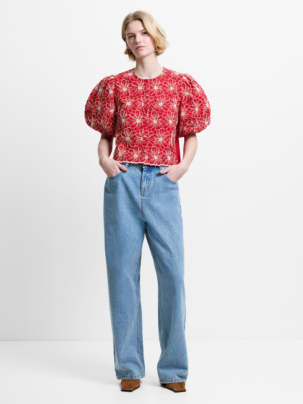 French Connection Cambria Cotton Button Through Top in Watermelon Red