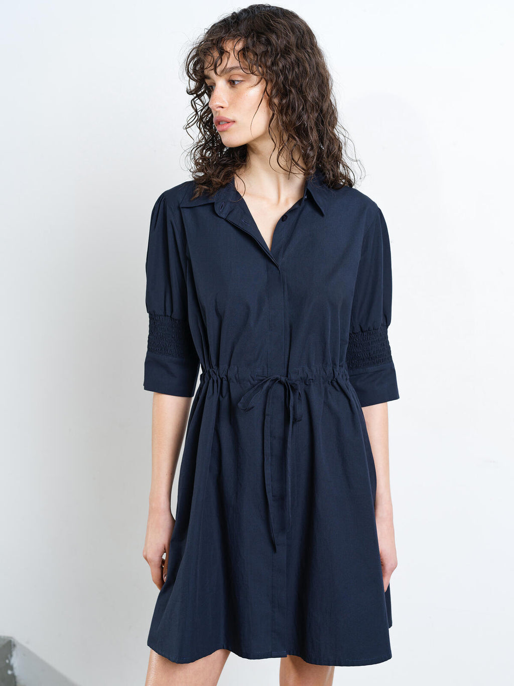 French Connection Cambria Cotton Cinched Waist Dress in Navy