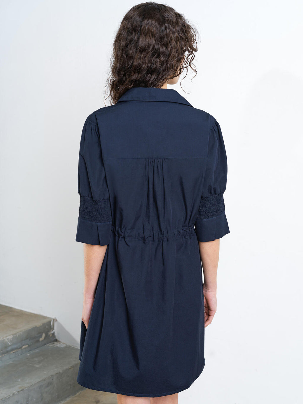 French Connection Cambria Cotton Cinched Waist Dress in Navy