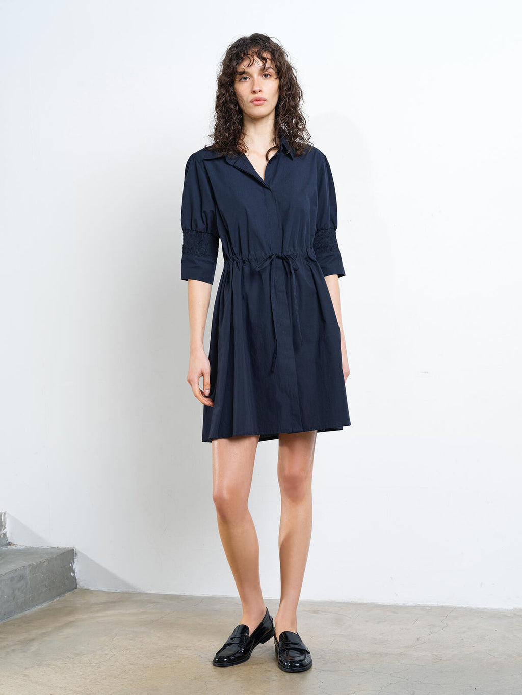 French Connection Cambria Cotton Cinched Waist Dress in Navy