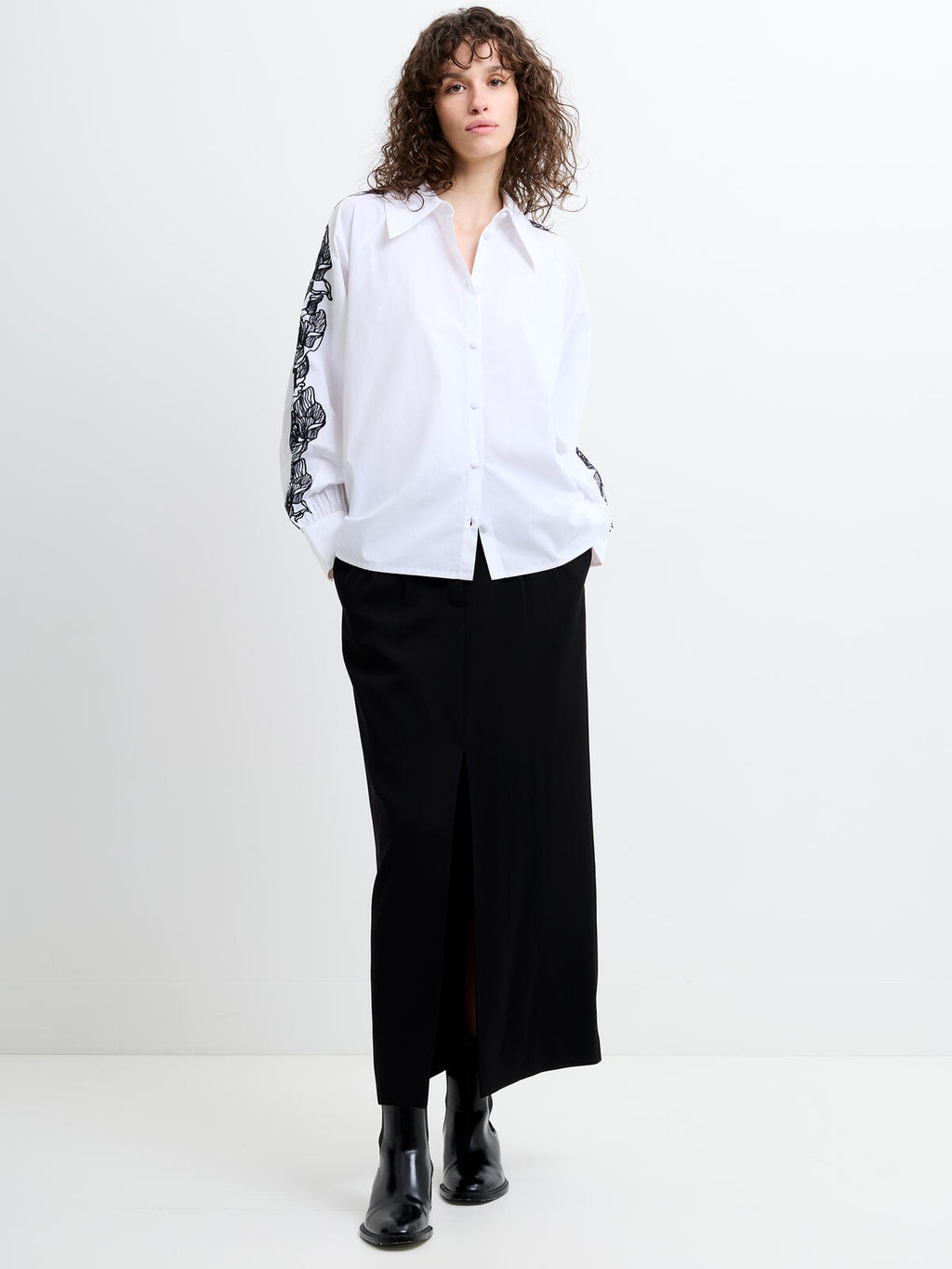 French Connection Cambria Cotton Embroidered Shirt in Linen White