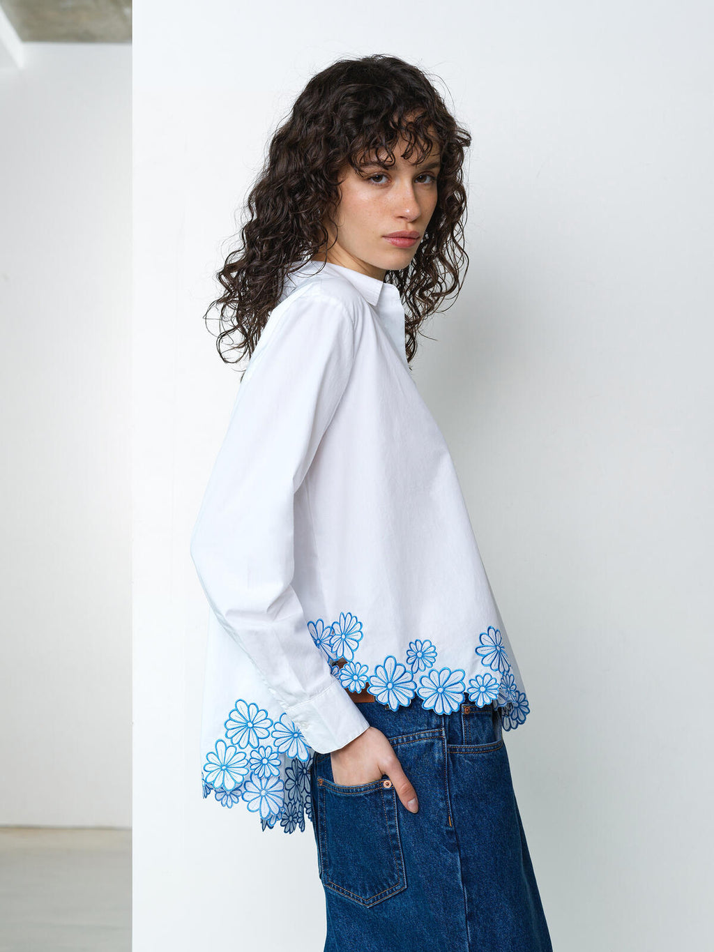 French Connection Cambria Cotton Floral Hem Shirt in Linen White