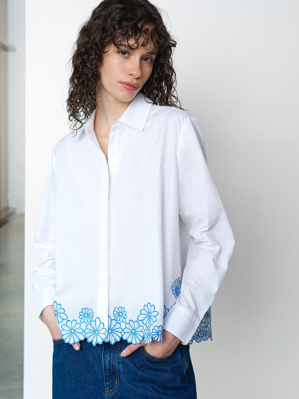 French Connection Cambria Cotton Floral Hem Shirt in Linen White
