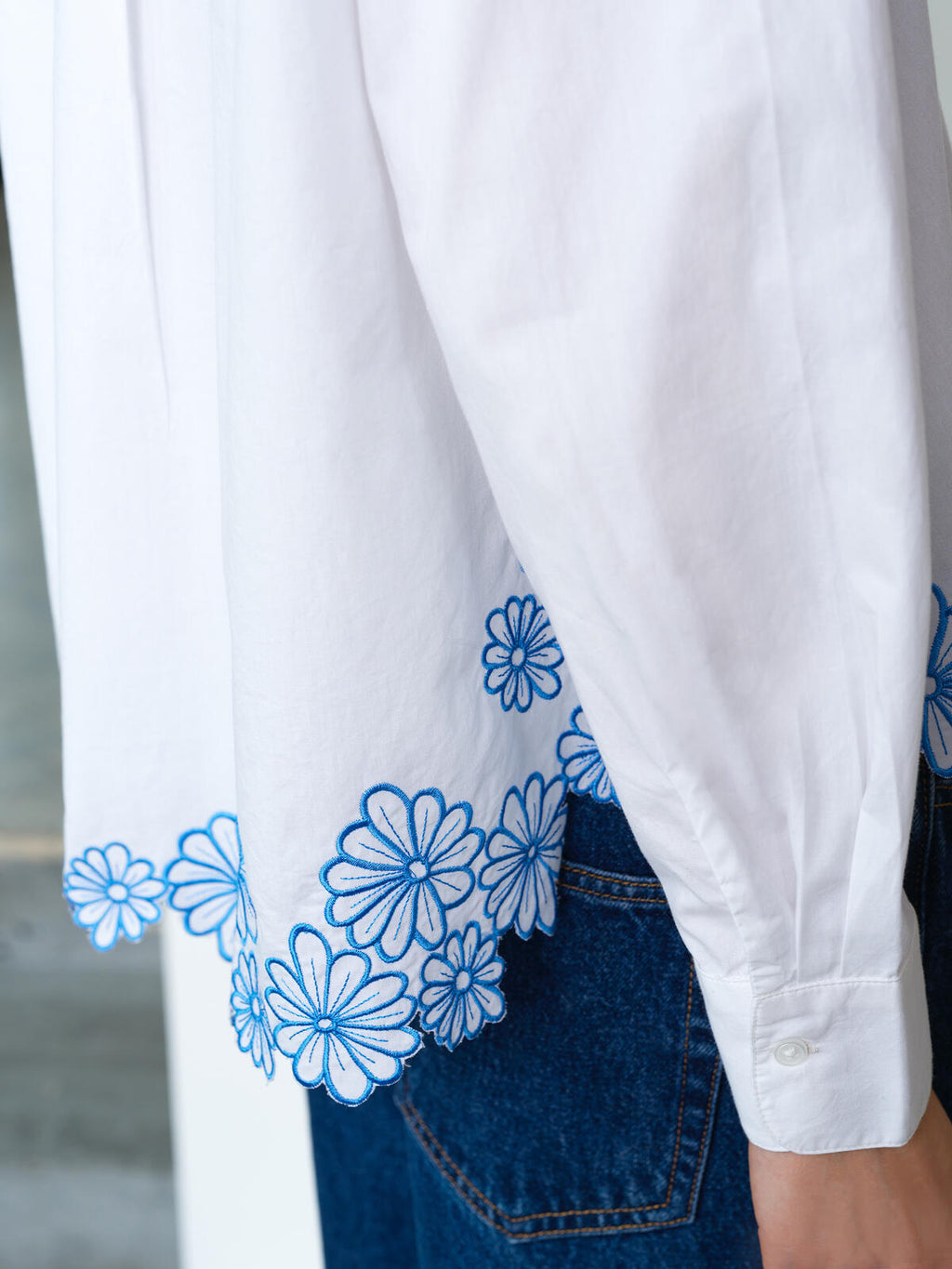 French Connection Cambria Cotton Floral Hem Shirt in Linen White