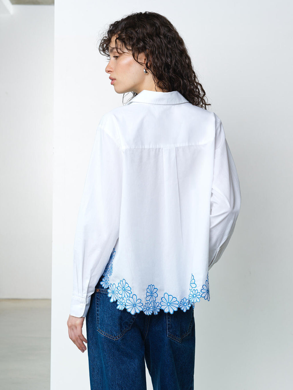 French Connection Cambria Cotton Floral Hem Shirt in Linen White