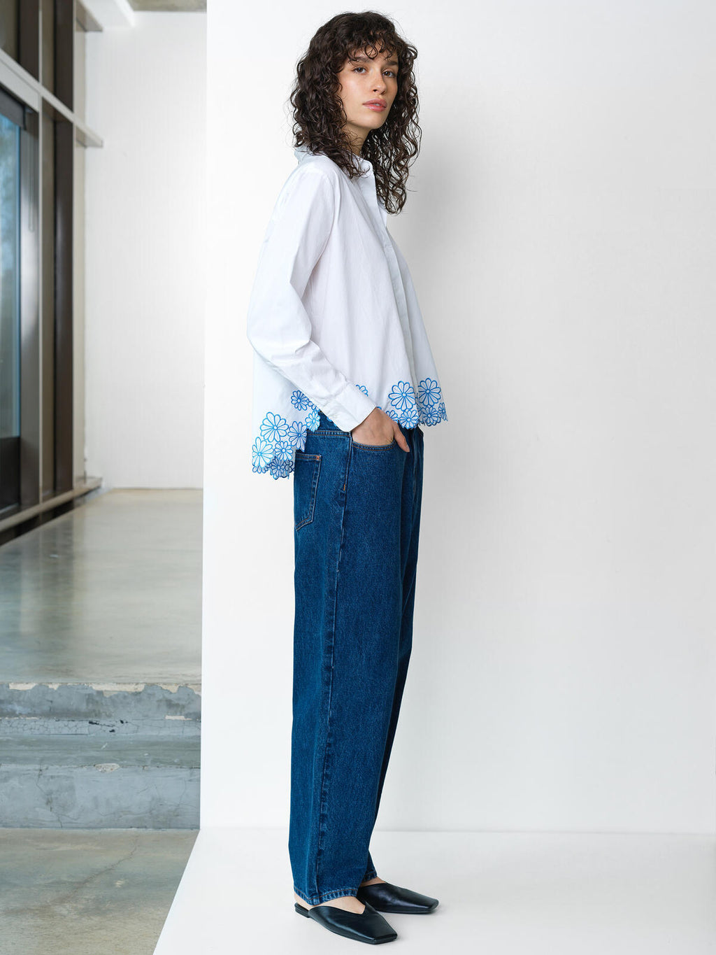 French Connection Cambria Cotton Floral Hem Shirt in Linen White