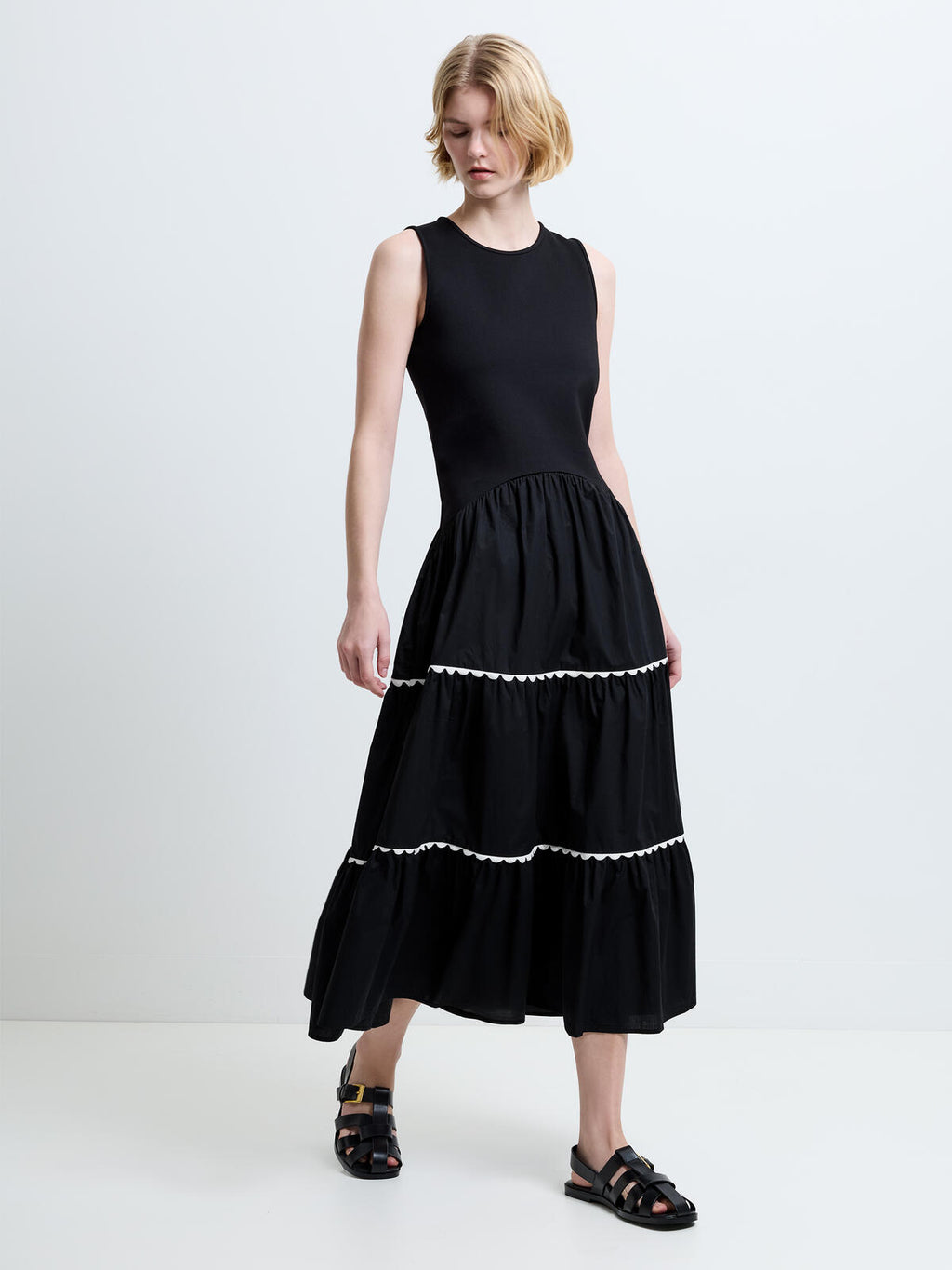 French Connection Kaylie Jia Mix Ric Rac Midi Dress in Black