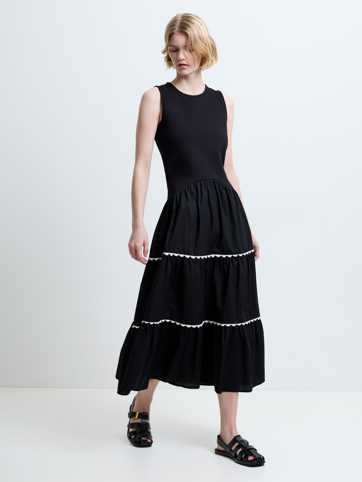 French Connection Kaylie Jia Mix Ric Rac Midi Dress in Black - 719X1