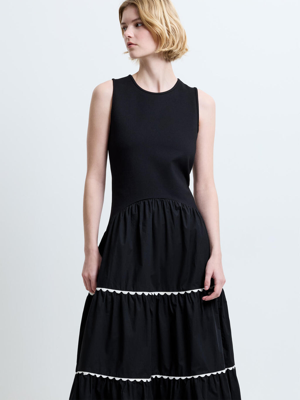 French Connection Kaylie Jia Mix Ric Rac Midi Dress in Black