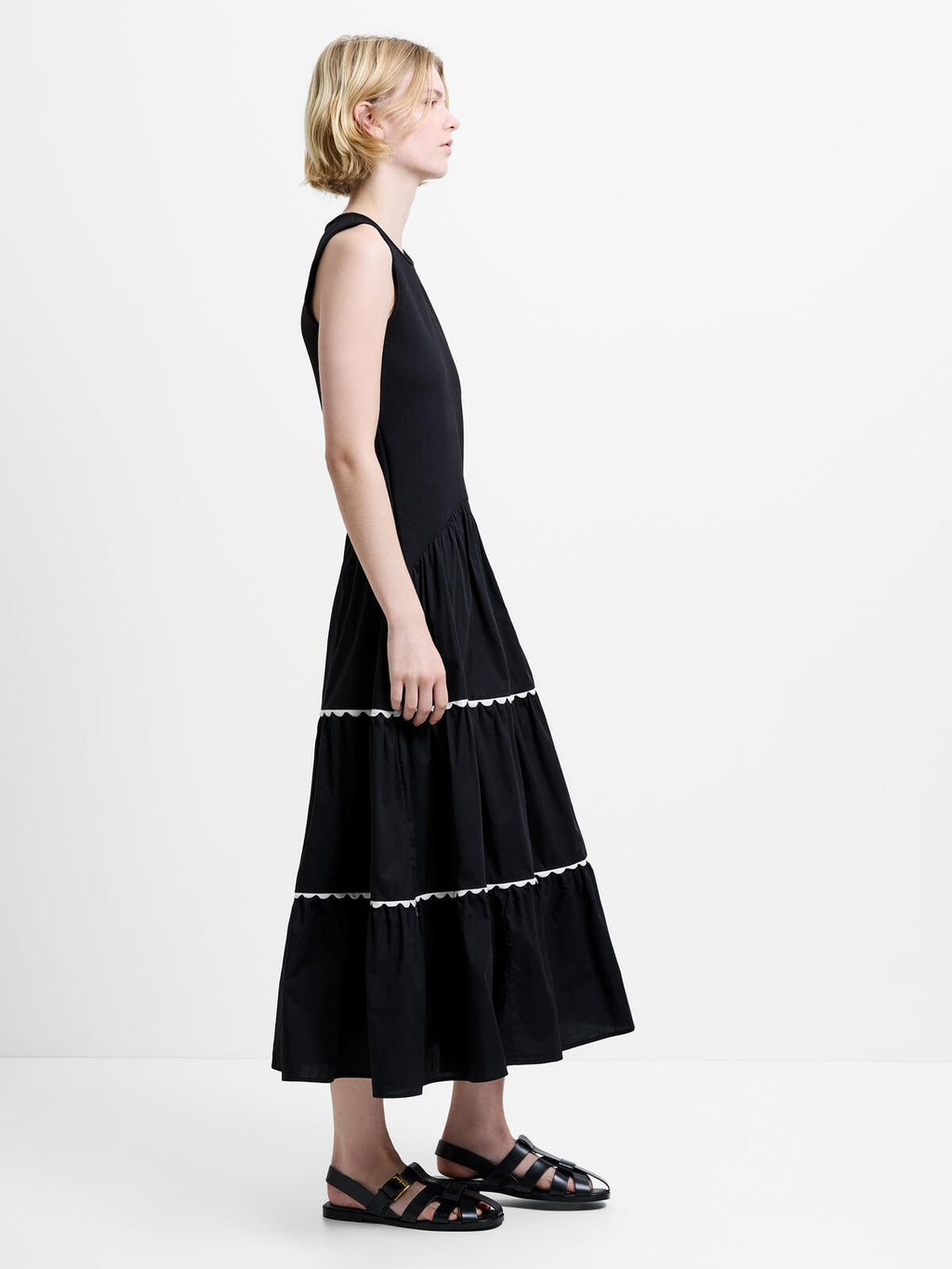 French Connection Kaylie Jia Mix Ric Rac Midi Dress in Black
