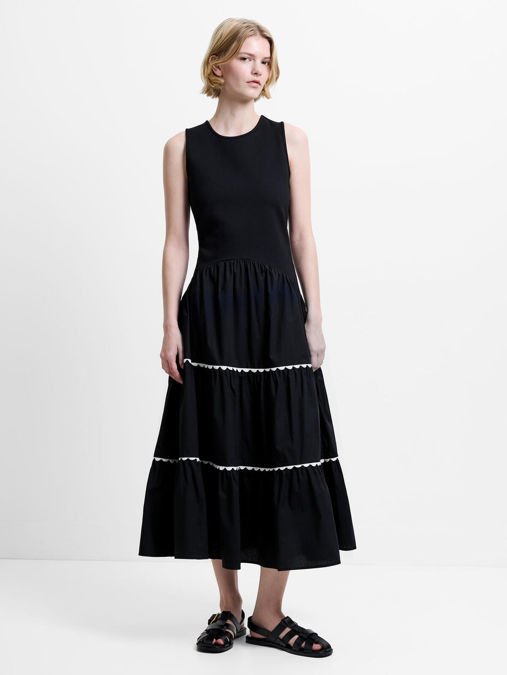 French Connection Kaylie Jia Mix Ric Rac Midi Dress in Black