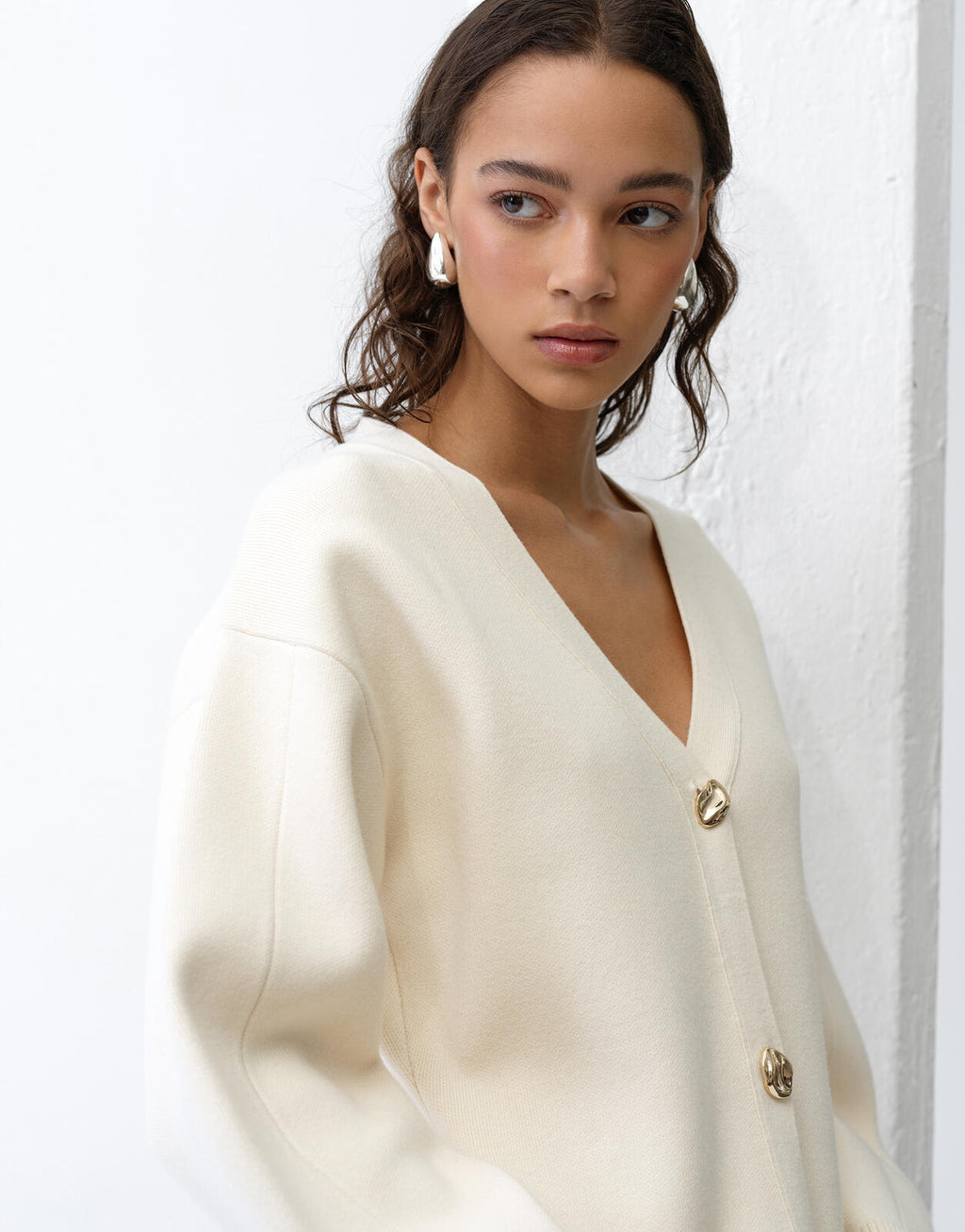 French Connection Missy Knit Cinched Waist Cardigan in Porcelain Cream
