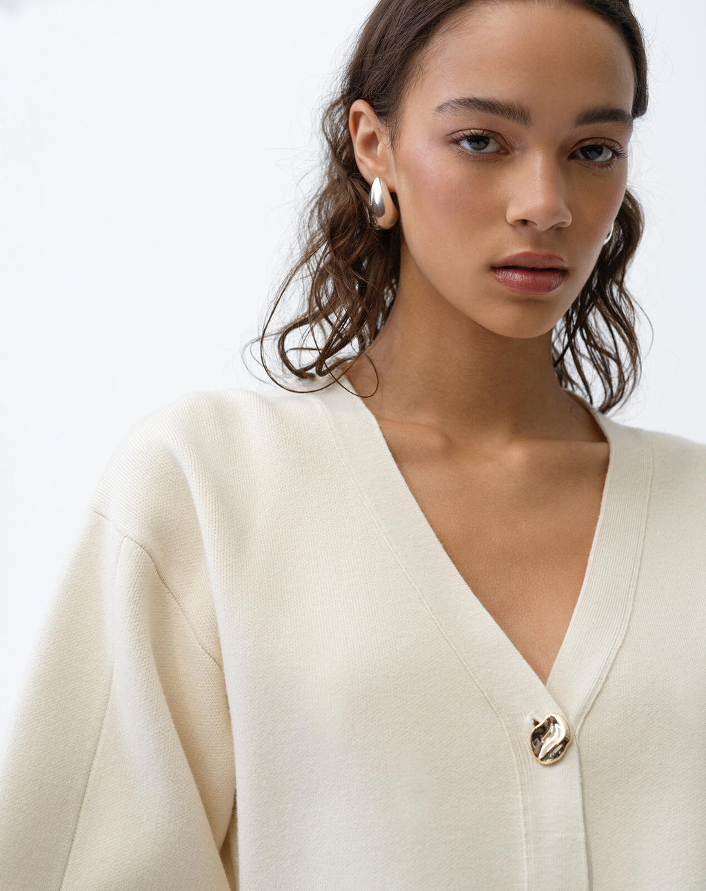 French Connection Missy Knit Cinched Waist Cardigan in Porcelain Cream