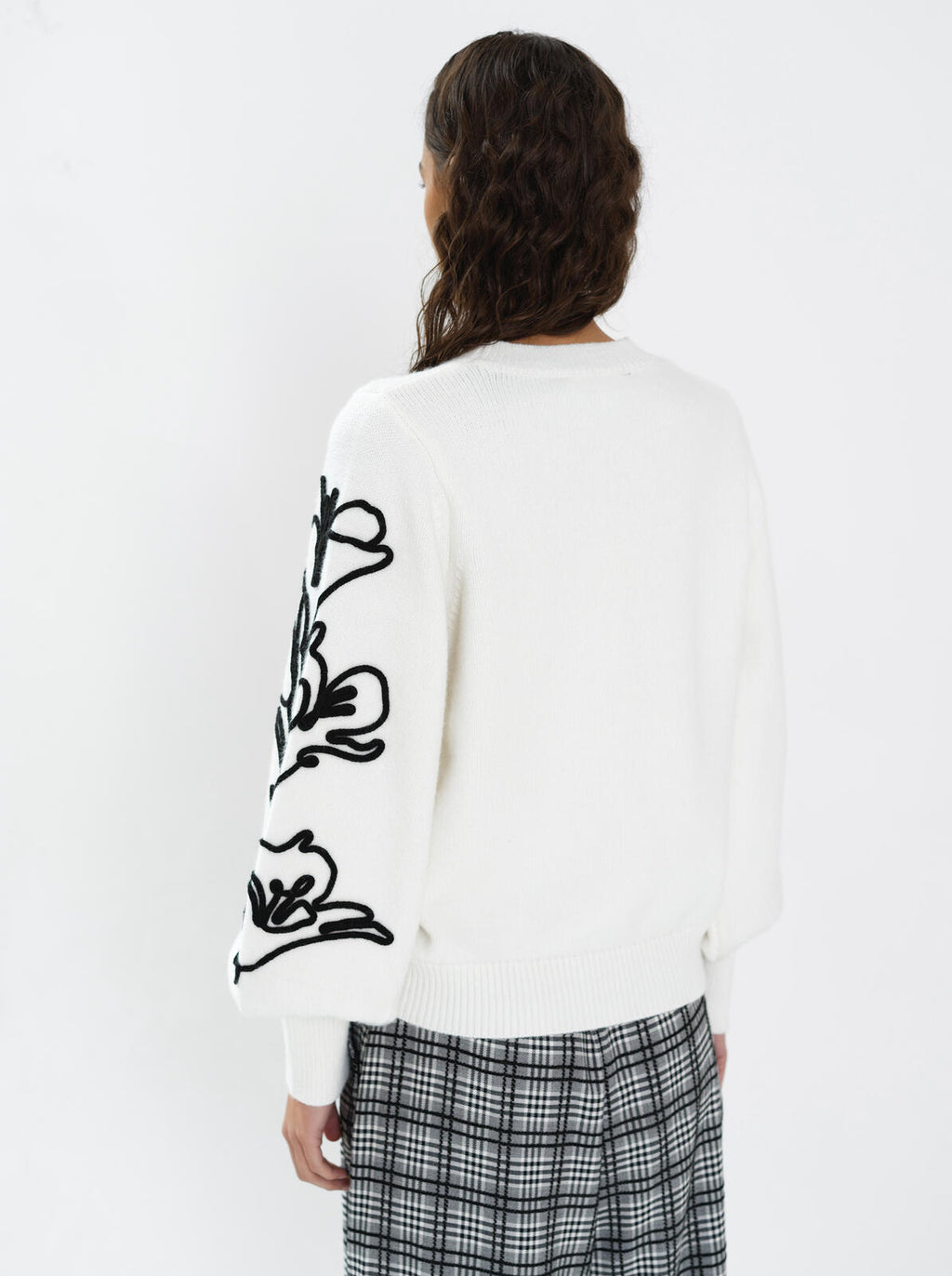 French Connection Patrice Floral Embroidered Sleeve Jumper in Summer White