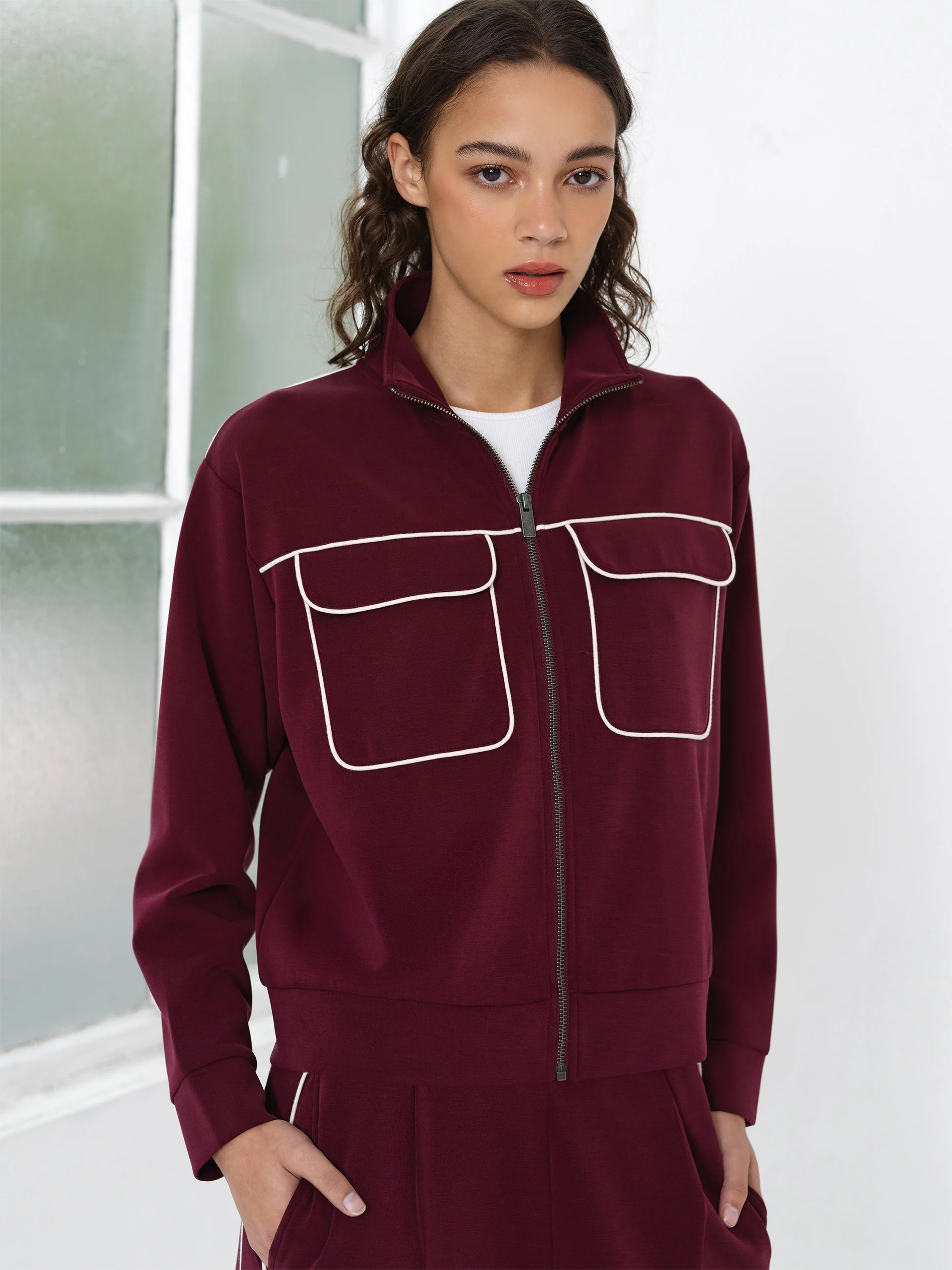 French Connection Wren Jersey Zip Up Sweatshirt in Berry Red - 779A1