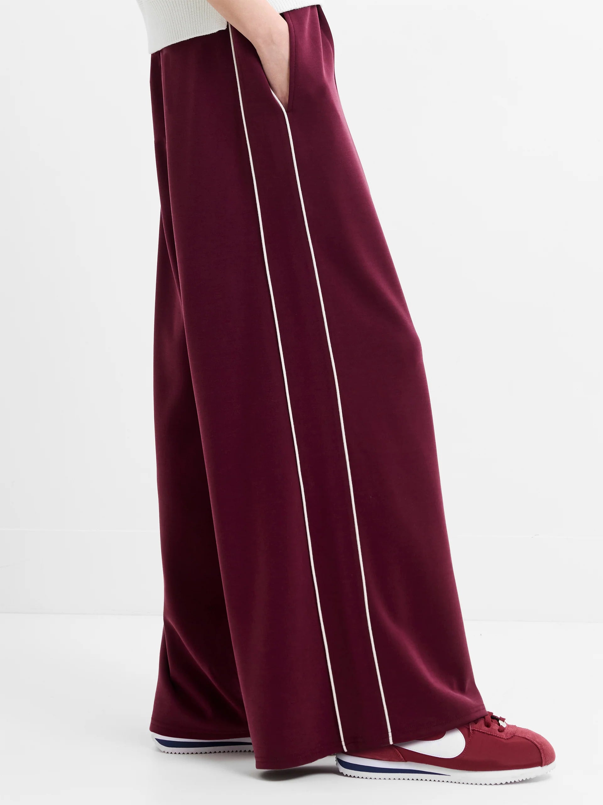 French Connection Wren Wide Leg Trouser in Berry Red - 749C5
