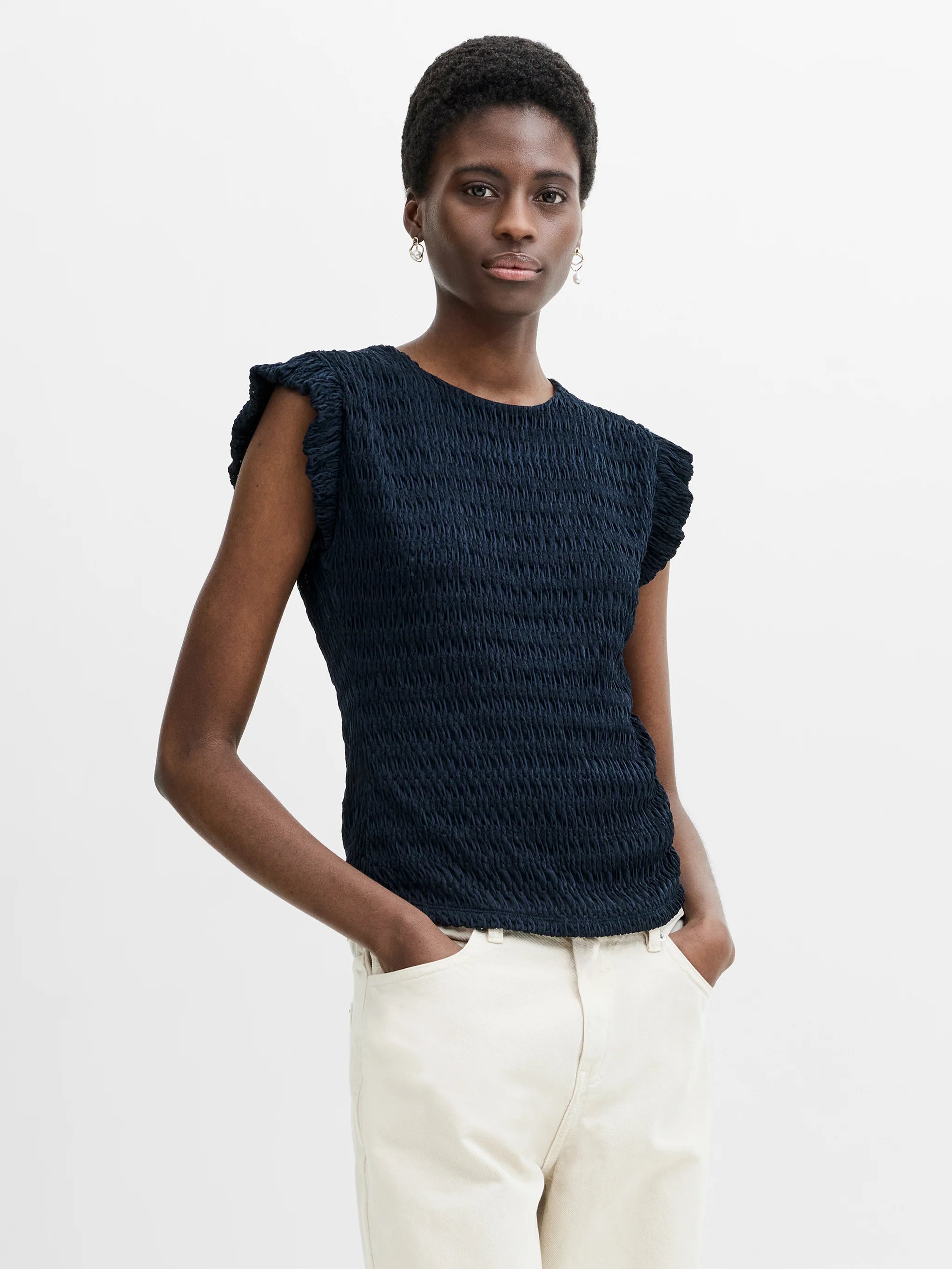 French Connection Zinnia Textured Striped Frill Sleeve Top