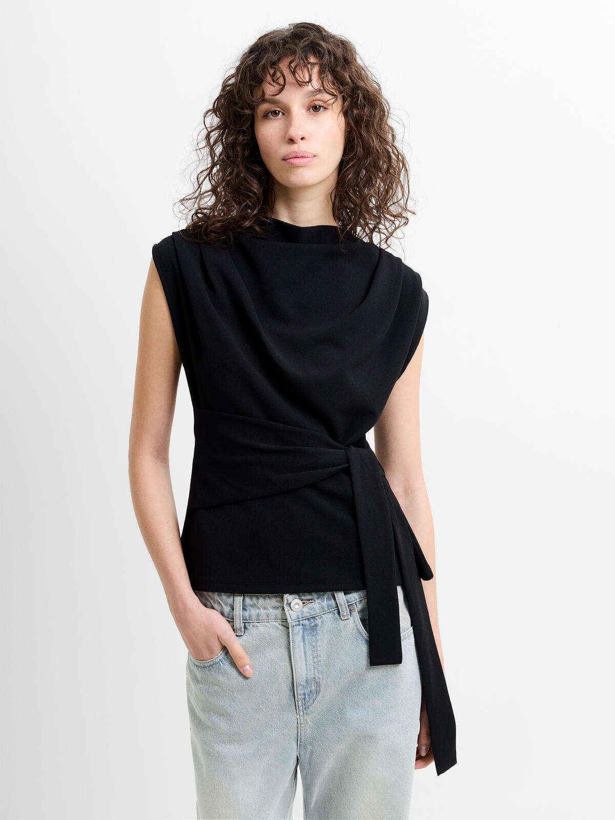 French Connection Zion Jersey Belted Shift Top in Black - 769C5