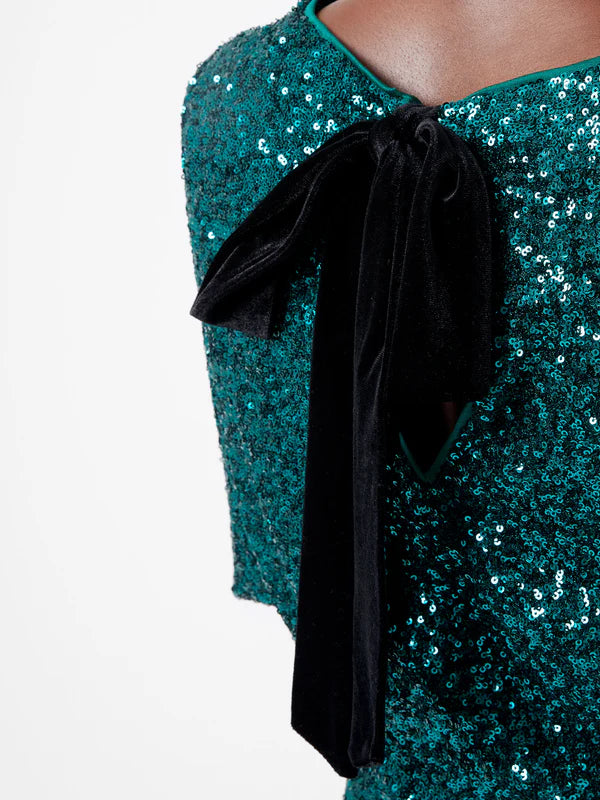 French Connection Elena Sequin Bow Back Dress-Forest-71XOZ