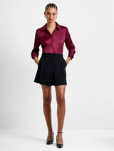 French Connection Irina Satin Long Sleeved Shirt in Bordeaux Red - 72ZDL