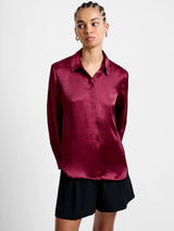 French Connection Irina Satin Long Sleeved Shirt in Bordeaux Red - 72ZDL