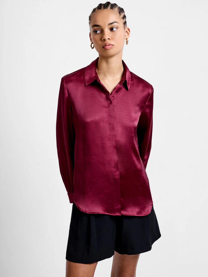 French Connection Irina Satin Long Sleeved Shirt in Bordeaux Red - 72ZDL