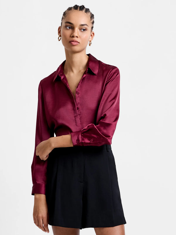 French Connection Irina Satin Long Sleeved Shirt in Bordeaux Red - 72ZDL