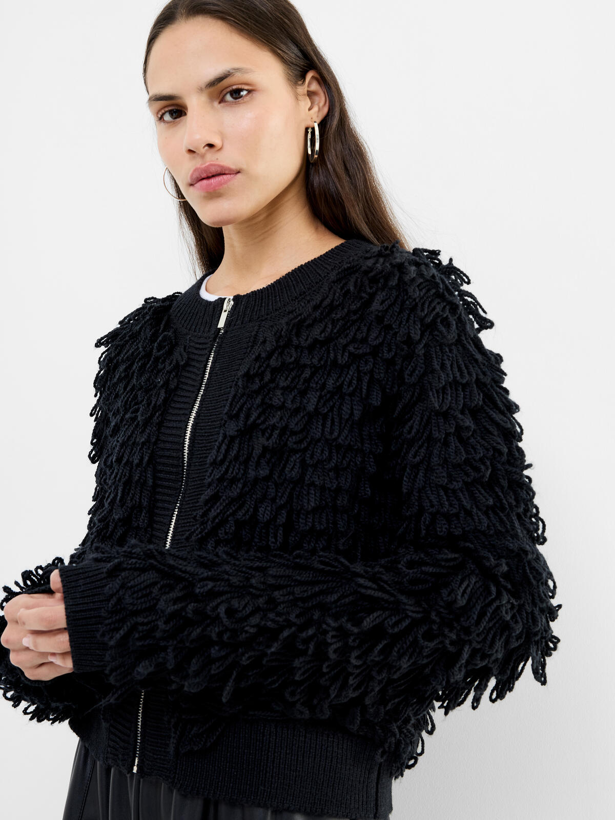 French Connection Mali Looped Fringe Knit Jacket in Black - 78ZBU