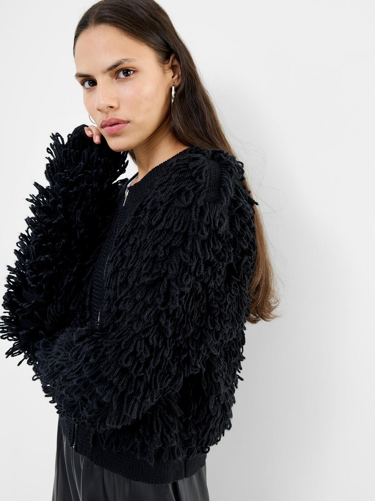 French Connection Mali Looped Fringe Knit Jacket in Black - 78ZBU