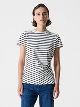 French Connection Rallie Rouched Side Tee in Linen White & Black Stripes - 76ZAD
