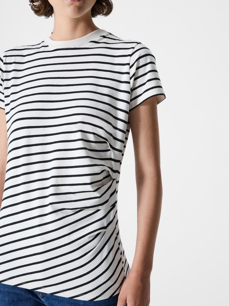 French Connection Rallie Rouched Side Tee in Linen White & Black Stripes - 76ZAD