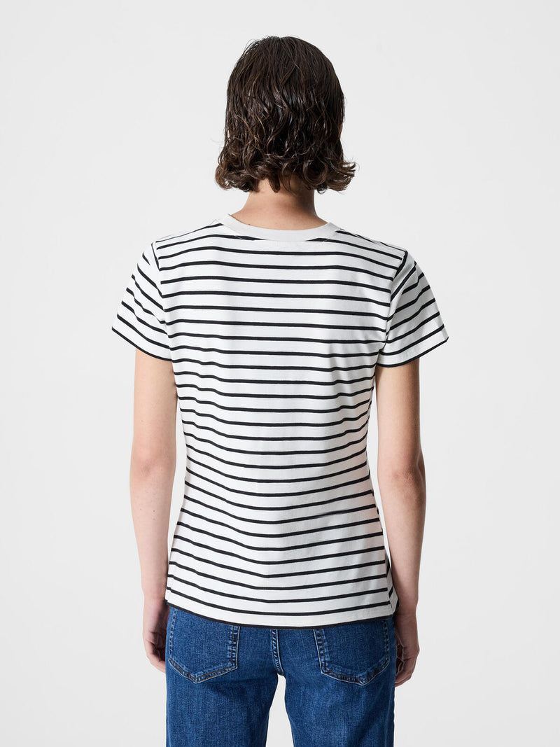 French Connection Rallie Rouched Side Tee in Linen White & Black Stripes - 76ZAD