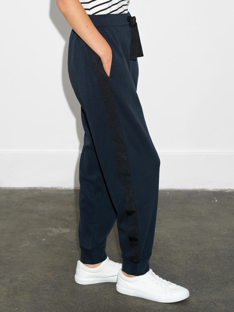 French Connection Wren Side Trim Tie Waist Trousers in Navy Black - 74RZL