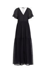 Great Plains Gossamer Chiffon V Neck Maxi Dress-Black-J1WAD