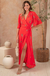 Hope & Ivy Alana Wrap Maxi Dress, Red Embellished, EvaLucia Boutique, Perth, Scotland