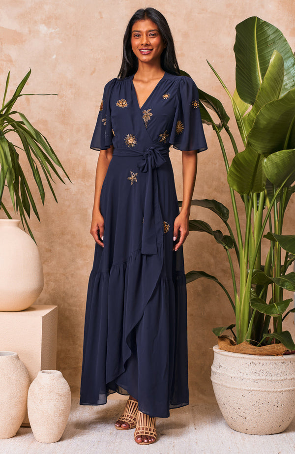 Hope & Ivy Venetia Wrap Maxi Dress, Navy, Embellished, Tie Waist, EvaLucia Boutique, Perth, Scoland
