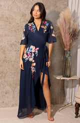 Hope & Ivy-The Gisela Embroidered Flutter Sleeve Maxi Wrap Dress with Tie Waist