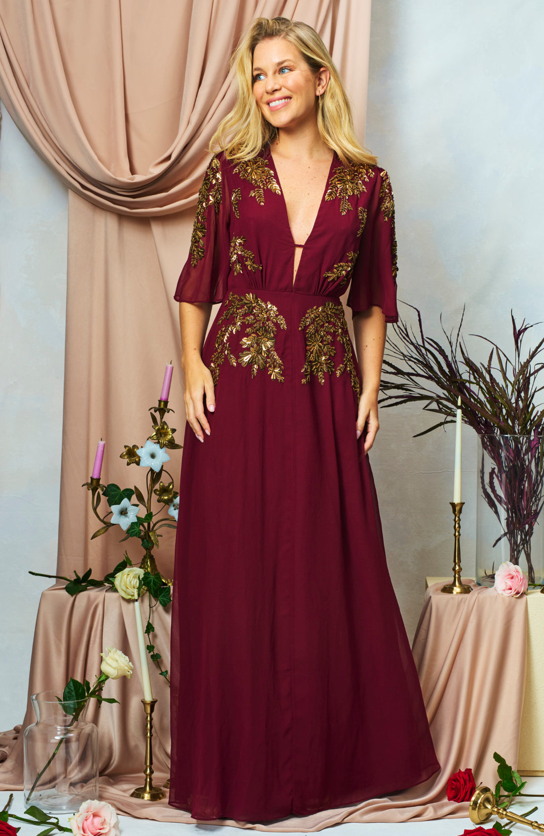 Hope & Ivy The Gretal Dress, Burgundy, Gold Embellishments, EvaLucia Boutique, Perth, Scotland